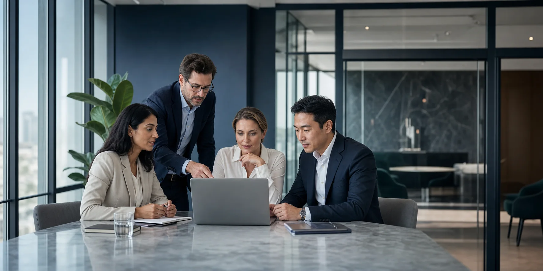 Internationales Team bespricht eine integrierte Unternehmensplattform